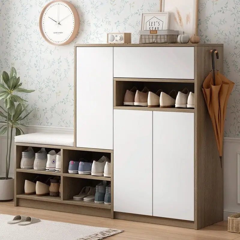 Shoe Storage Bench with Padded Seat, Cabinets and Drawer