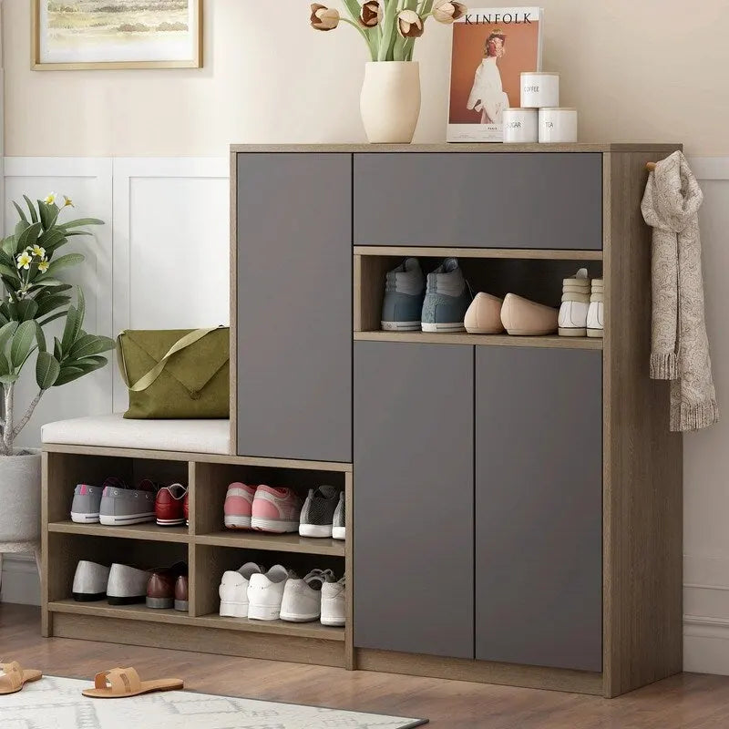 Shoe Storage Bench with Padded Seat, Cabinets and Drawer