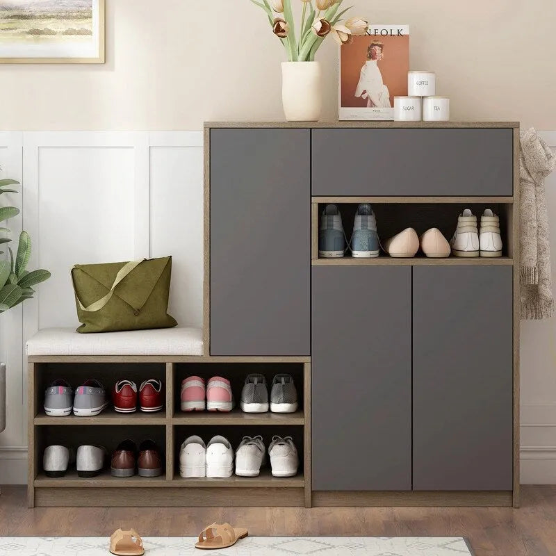 Shoe Storage Bench with Padded Seat, Cabinets and Drawer