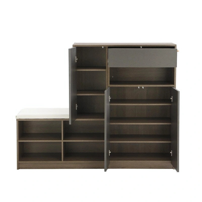 Shoe Storage Bench with Padded Seat, Cabinets and Drawer
