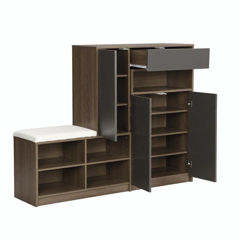 Shoe Storage Bench with Padded Seat, Cabinets and Drawer
