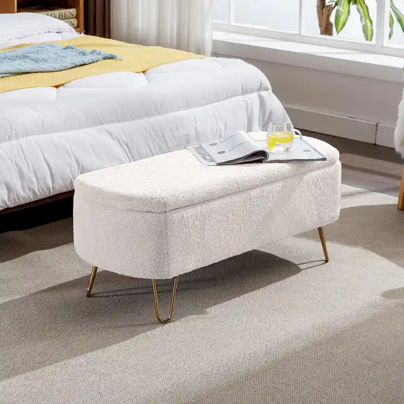 Upholstered Faux Fur Storage Ottoman Bench with Gold Legs – Ivory