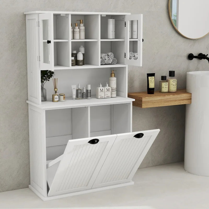Mobile per cesto della biancheria estraibile con 2 ripiani regolabili - bianco