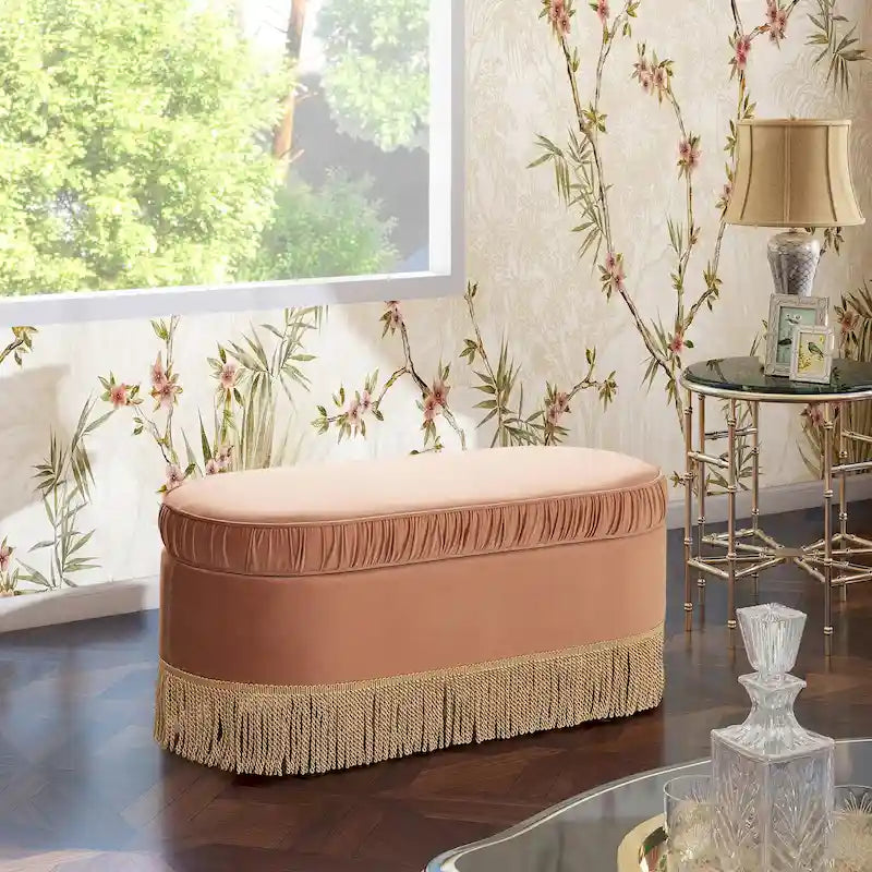 Oval Ruched Velvet Storage Ottoman Bench with Flip-Top Lid