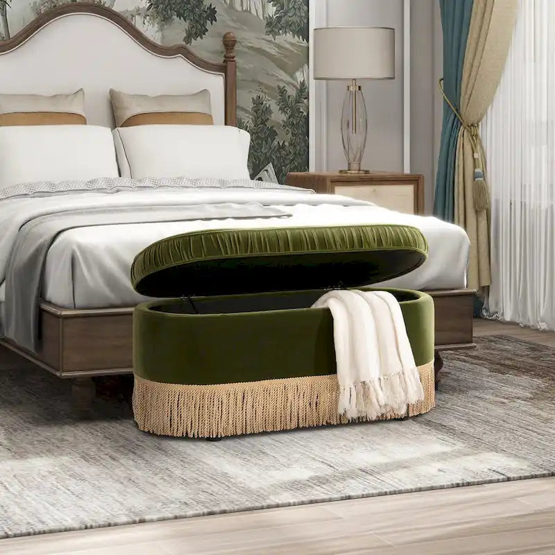 Oval Ruched Velvet Storage Ottoman Bench with Flip-Top Lid