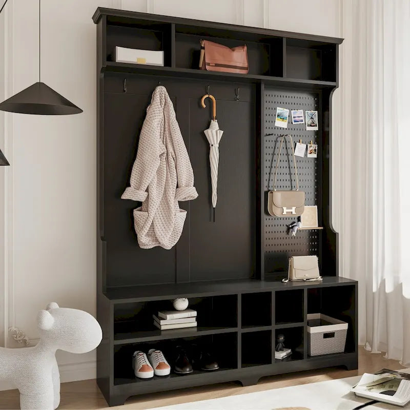 Hall Tree Entryway Organizer with Shoe Bench, Coat Hooks, Storage Shelves and Pegboard