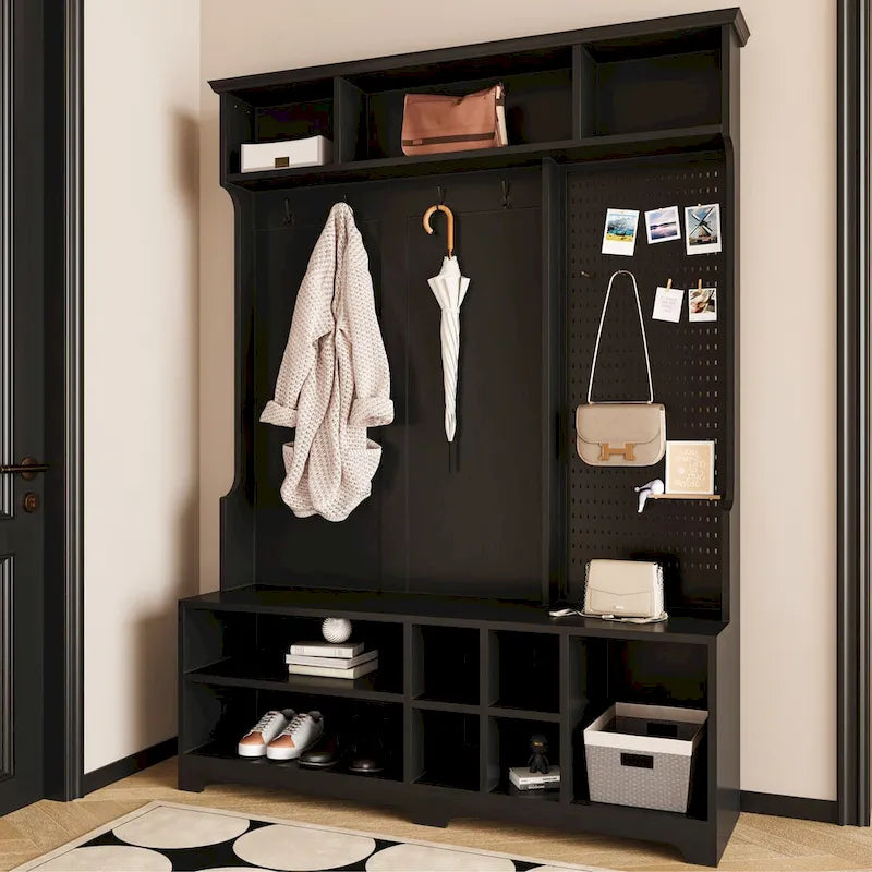 Hall Tree Entryway Organizer with Shoe Bench, Coat Hooks, Storage Shelves and Pegboard