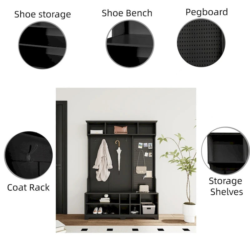 Hall Tree Entryway Organizer with Shoe Bench, Coat Hooks, Storage Shelves and Pegboard