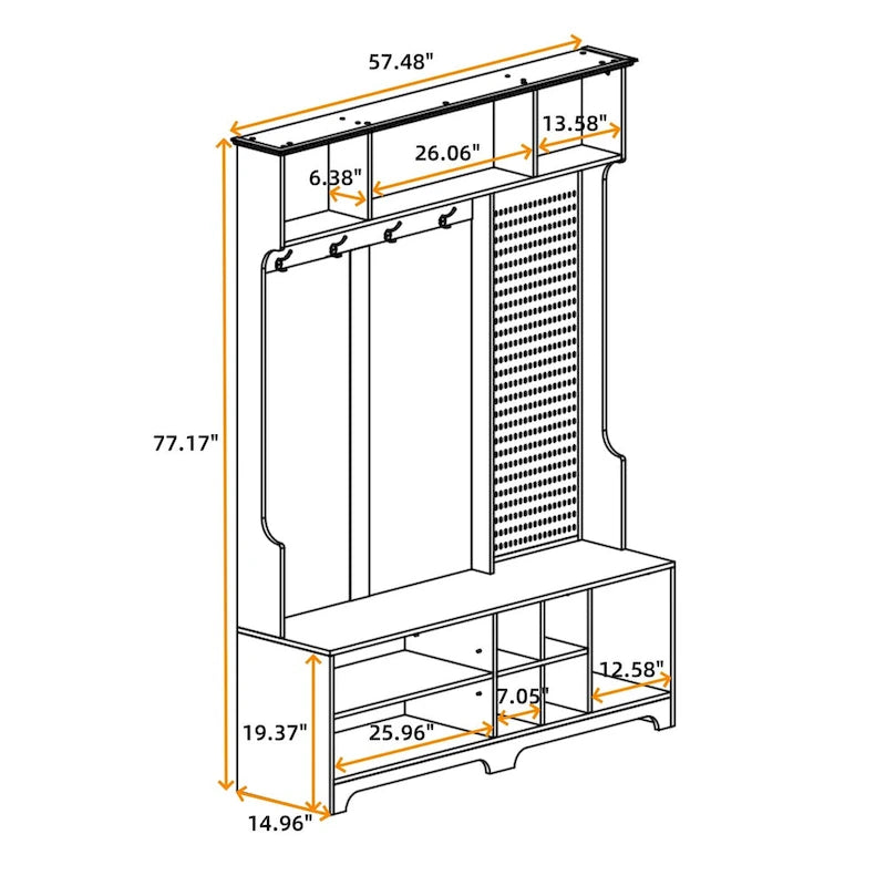Hall Tree Entryway Organizer with Shoe Bench, Coat Hooks, Storage Shelves and Pegboard