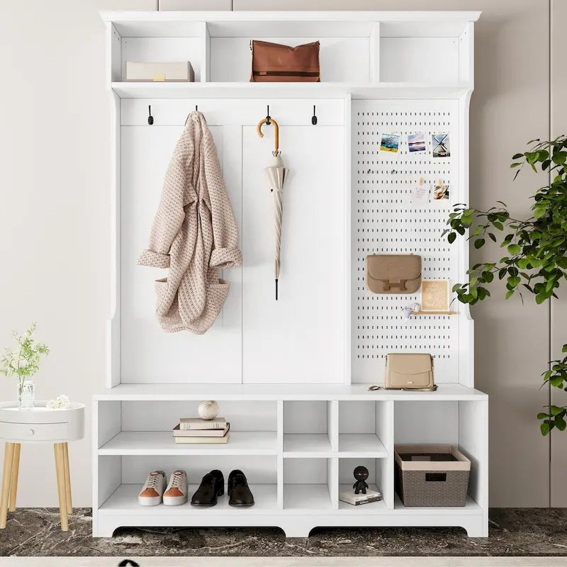 Hall Tree Entryway Organizer with Shoe Bench, Coat Hooks, Storage Shelves and Pegboard
