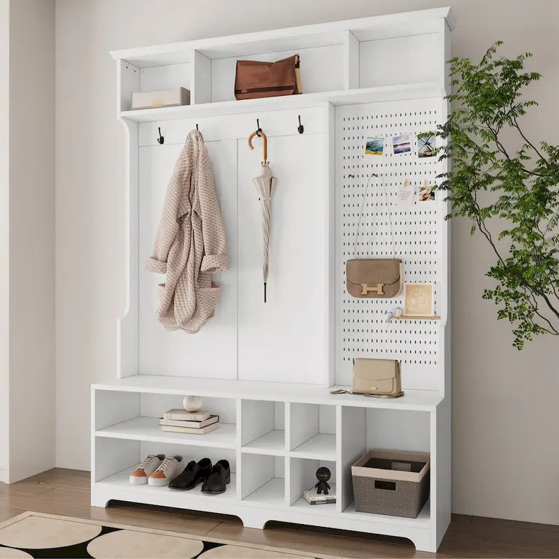Hall Tree Entryway Organizer with Shoe Bench, Coat Hooks, Storage Shelves and Pegboard