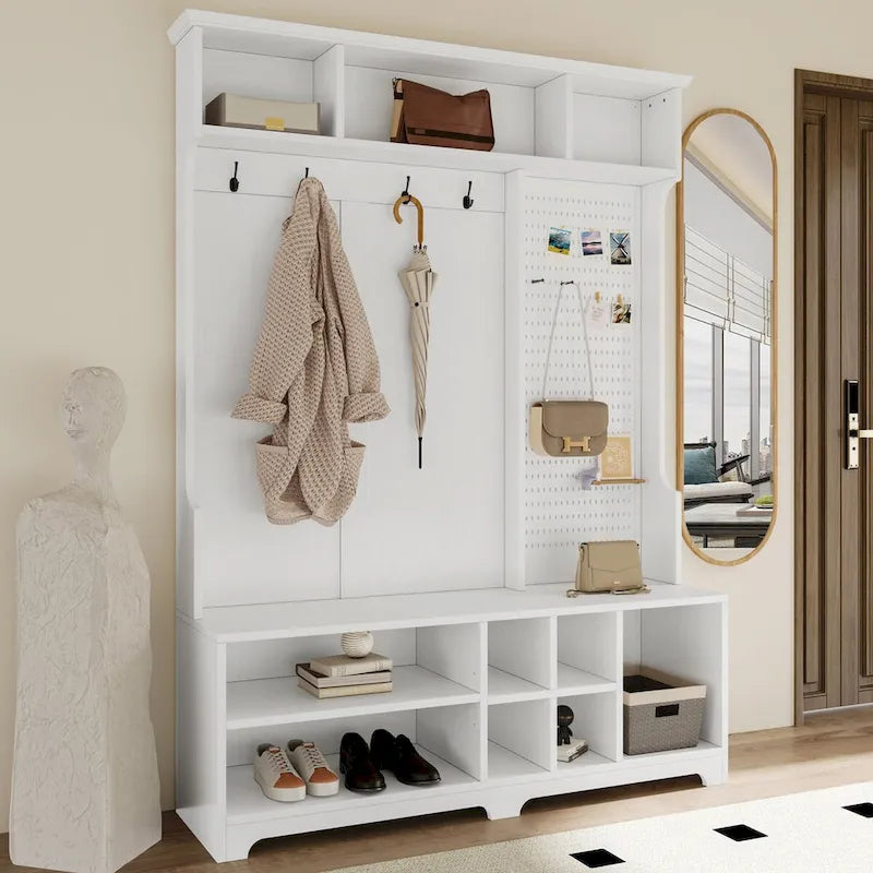 Hall Tree Entryway Organizer with Shoe Bench, Coat Hooks, Storage Shelves and Pegboard