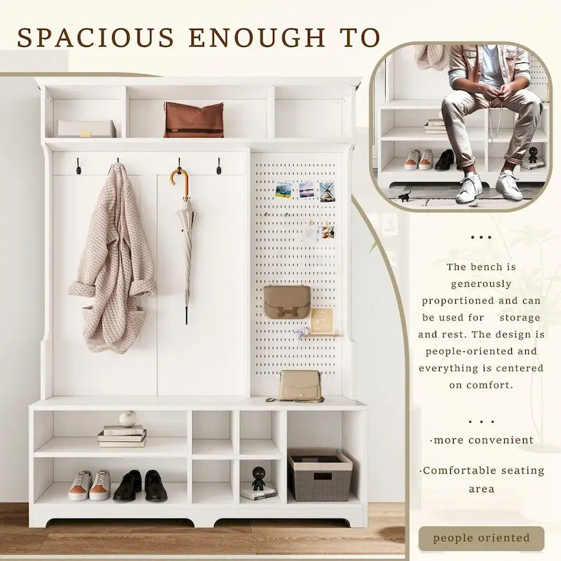 Hall Tree Entryway Organizer with Shoe Bench, Coat Hooks, Storage Shelves and Pegboard