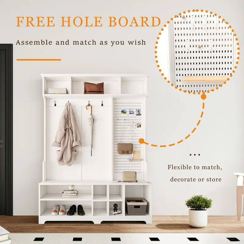 Hall Tree Entryway Organizer with Shoe Bench, Coat Hooks, Storage Shelves and Pegboard