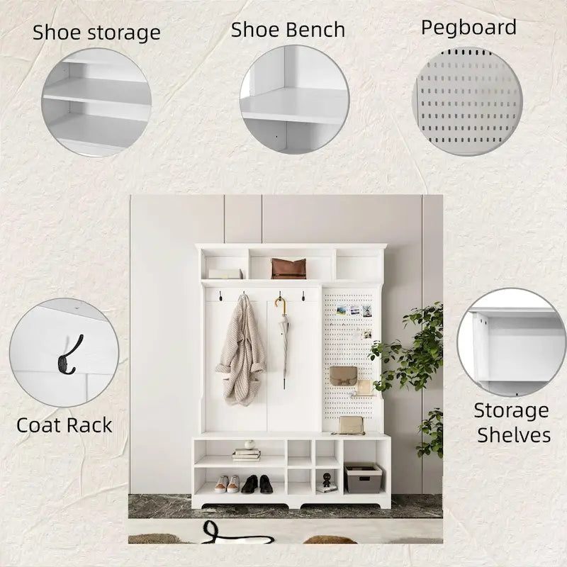 Hall Tree Entryway Organizer with Shoe Bench, Coat Hooks, Storage Shelves and Pegboard