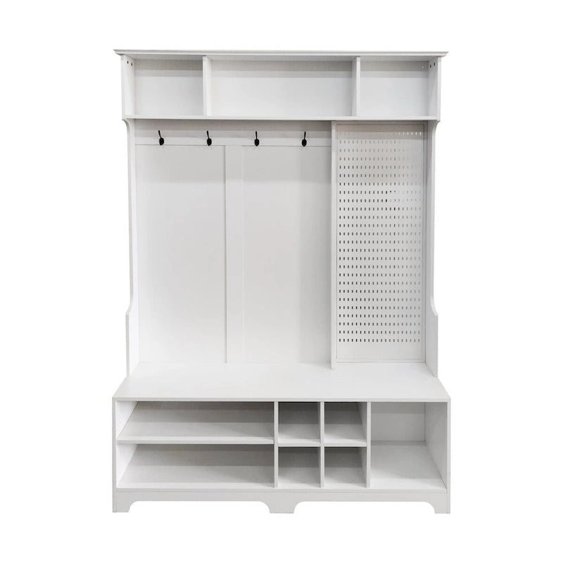 Hall Tree Entryway Organizer with Shoe Bench, Coat Hooks, Storage Shelves and Pegboard