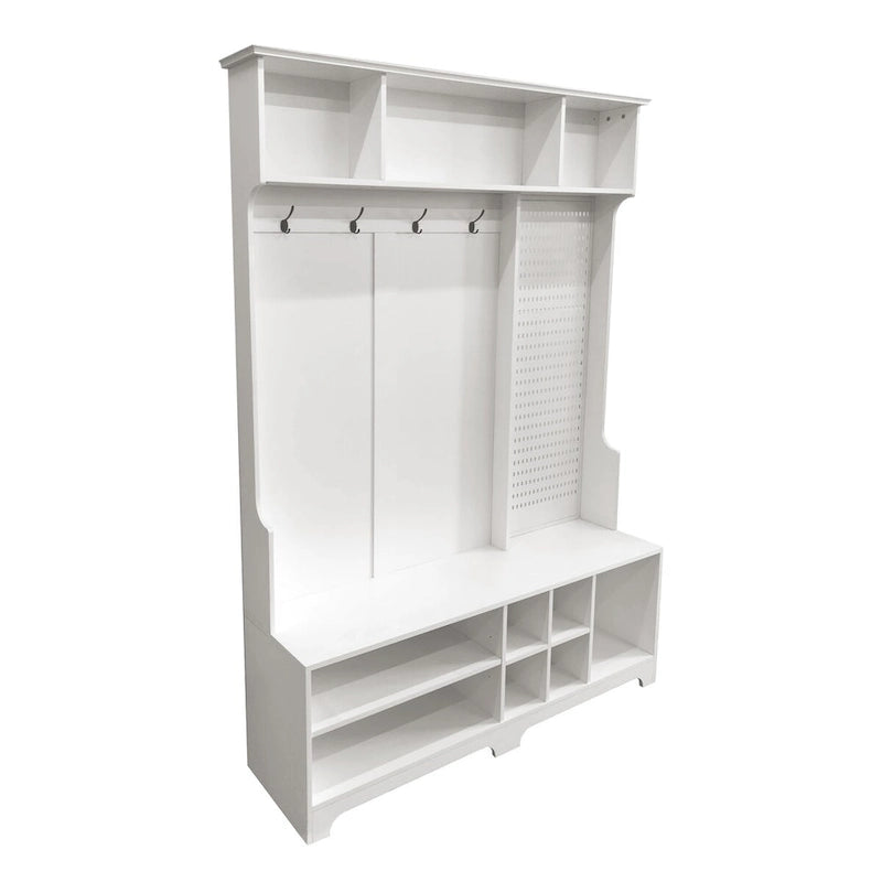 Hall Tree Entryway Organizer with Shoe Bench, Coat Hooks, Storage Shelves and Pegboard