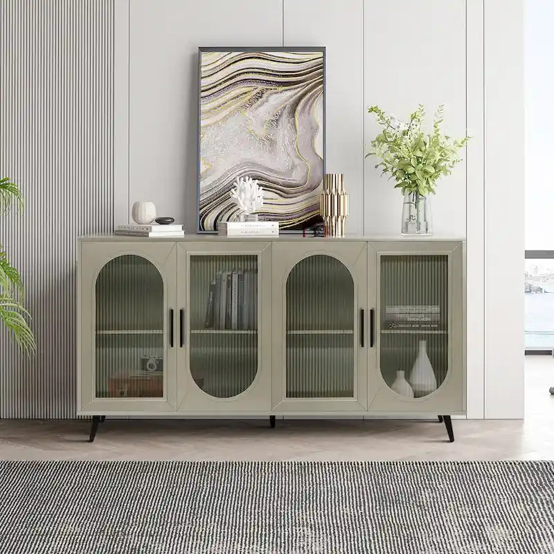 Glass Door TV Stand & Storage Sideboard with Adjustable Shelves