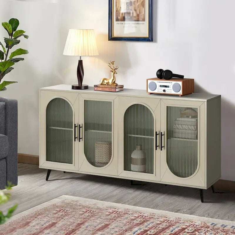 Glass Door TV Stand & Storage Sideboard with Adjustable Shelves