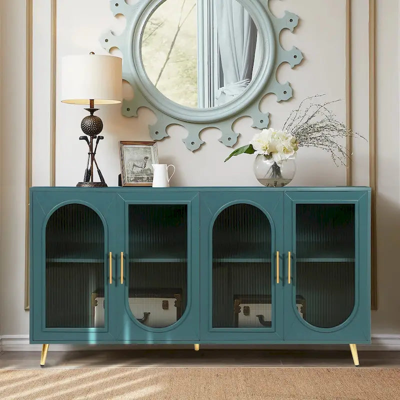 Glass Door TV Stand & Storage Sideboard with Adjustable Shelves