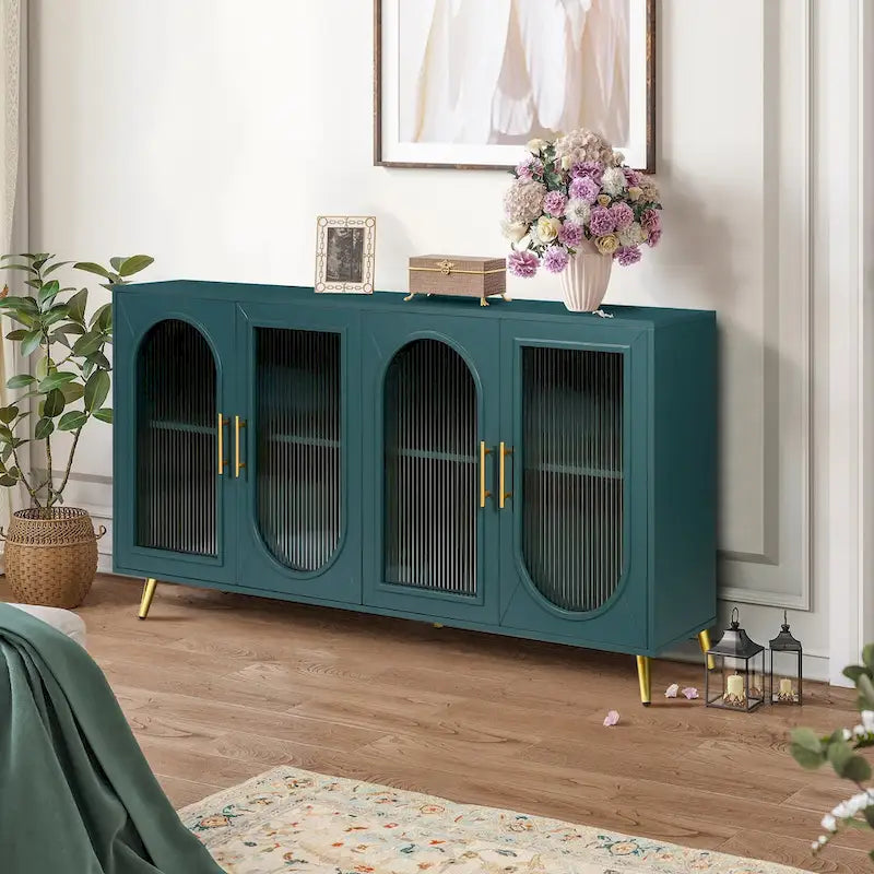 Glass Door TV Stand & Storage Sideboard with Adjustable Shelves