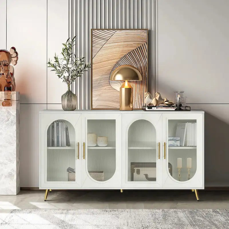 Glass Door TV Stand & Storage Sideboard with Adjustable Shelves