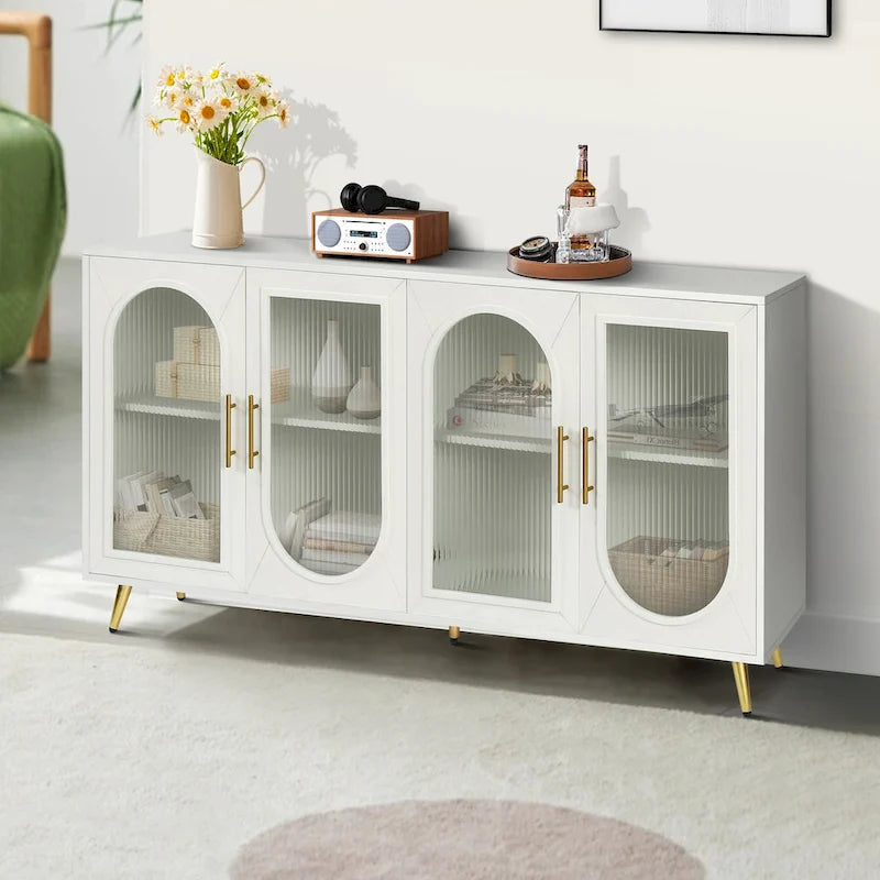 Glass Door TV Stand & Storage Sideboard with Adjustable Shelves