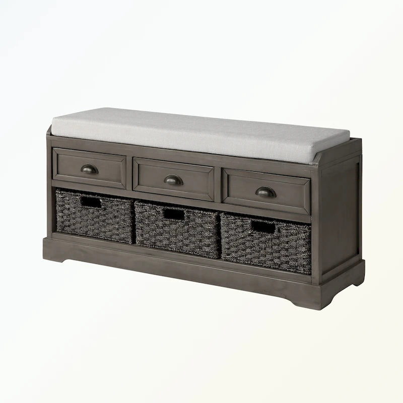 Wood Storage Bench with Drawers and Baskets