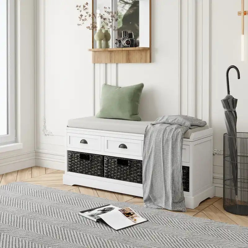 Wood Storage Bench with Drawers and Baskets
