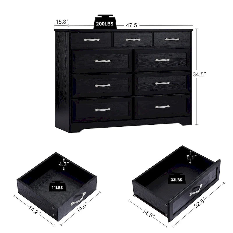 Cassettiera lunga con 9 cassetti e maniglie anticate - cassettiera contenitore