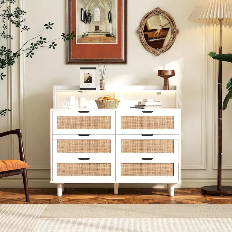 6-Drawer Rattan Vanity Desk with LED Lights and Built-In Power Outlet