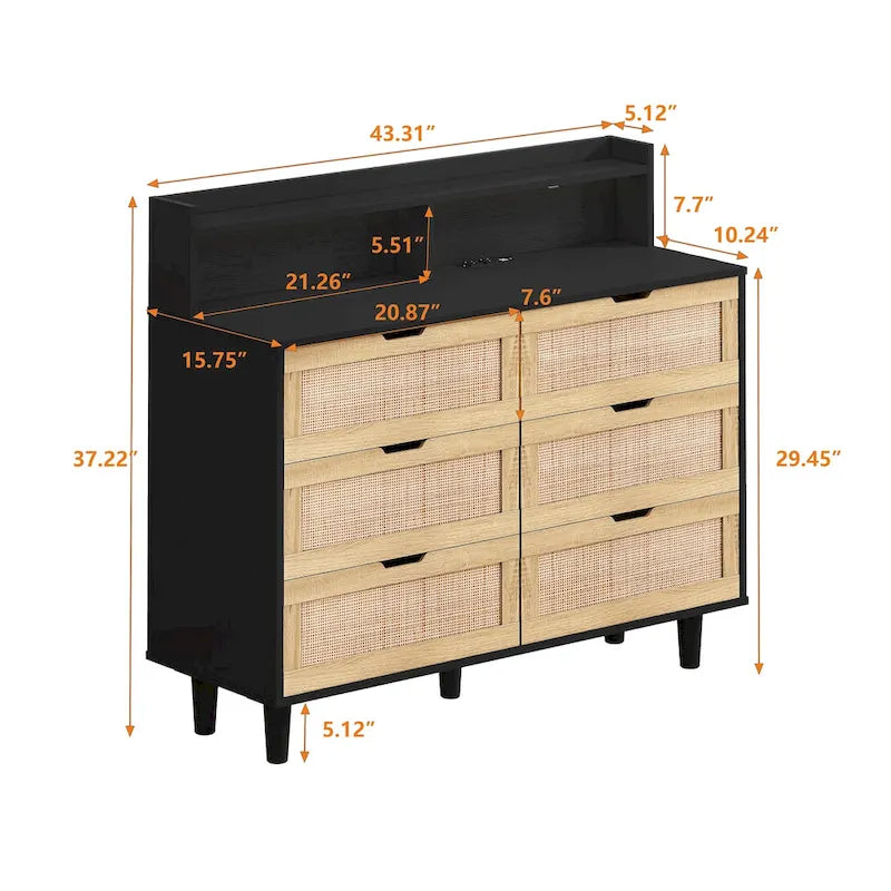 6-Drawer Rattan Vanity Desk with LED Lights and Built-In Power Outlet