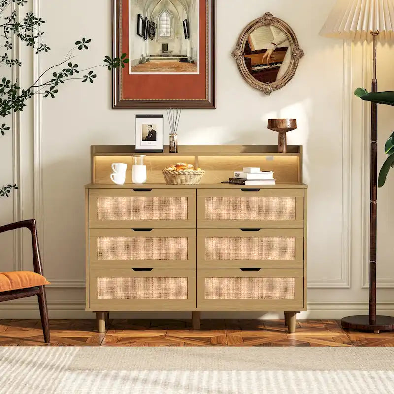 6-Drawer Rattan Vanity Desk with LED Lights and Built-In Power Outlet