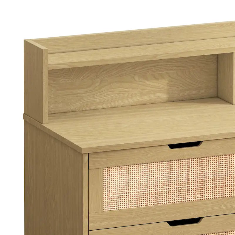 Escritorio tocador de ratán con 6 cajones, luces LED y toma de corriente integrada