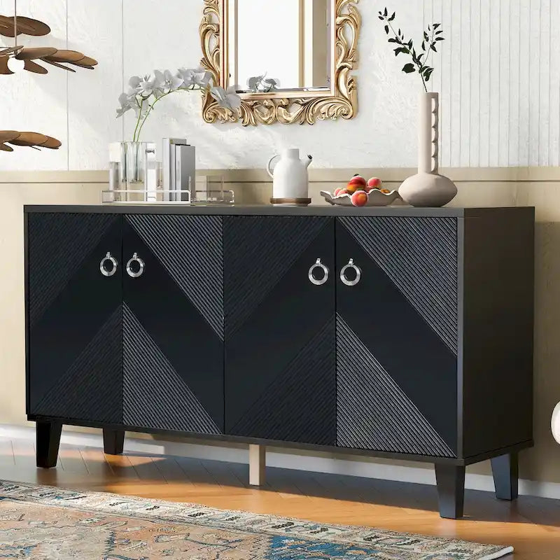 Credenza con motivo geometrico, ripiani regolabili e maniglie rotonde