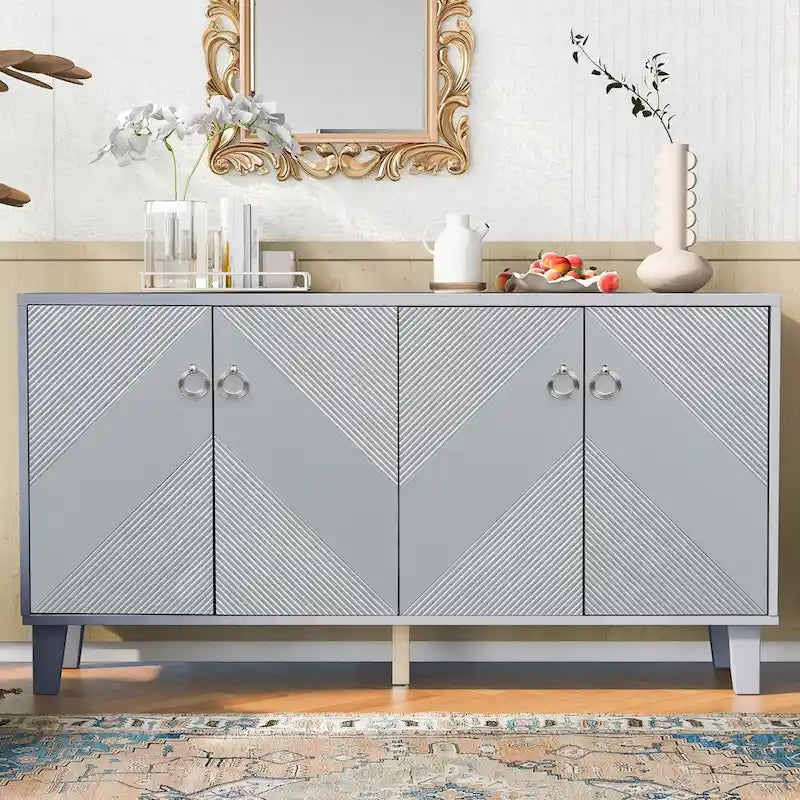 Credenza con motivo geometrico, ripiani regolabili e maniglie rotonde
