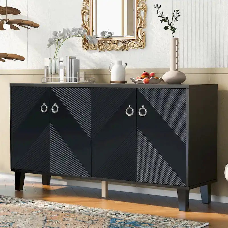 Credenza con motivo geometrico, ripiani regolabili e maniglie rotonde
