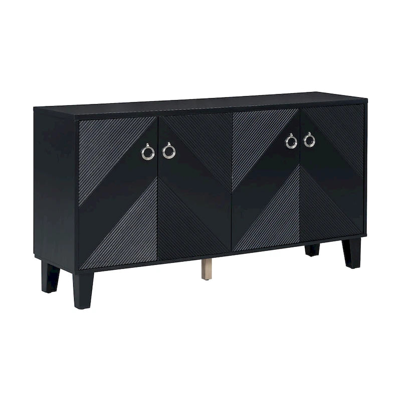Credenza con motivo geometrico, ripiani regolabili e maniglie rotonde