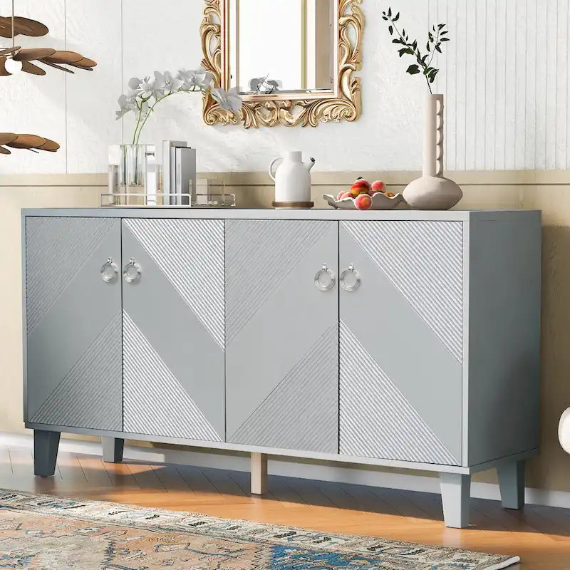 Credenza con motivo geometrico, ripiani regolabili e maniglie rotonde