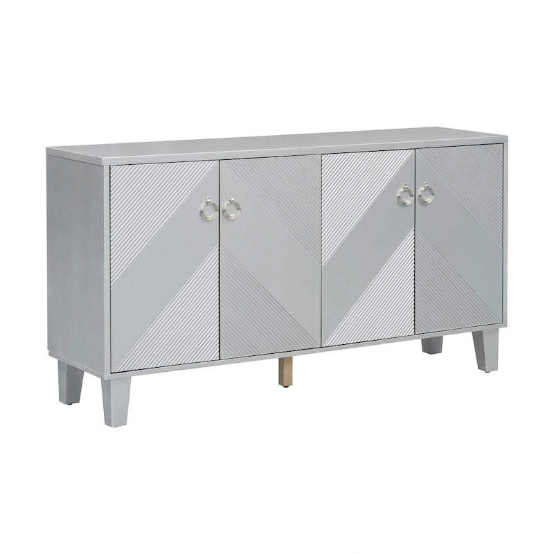 Credenza con motivo geometrico, ripiani regolabili e maniglie rotonde