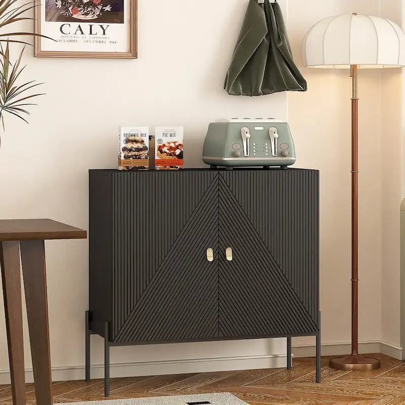 Buffet Sideboard Cabinet with Drawers, Double Door Storage and 6-Bottle Wine Rack – Black