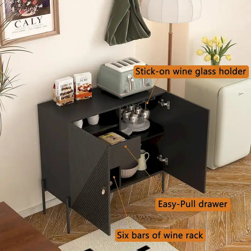 Buffet Sideboard Cabinet with Drawers, Double Door Storage and 6-Bottle Wine Rack – Black