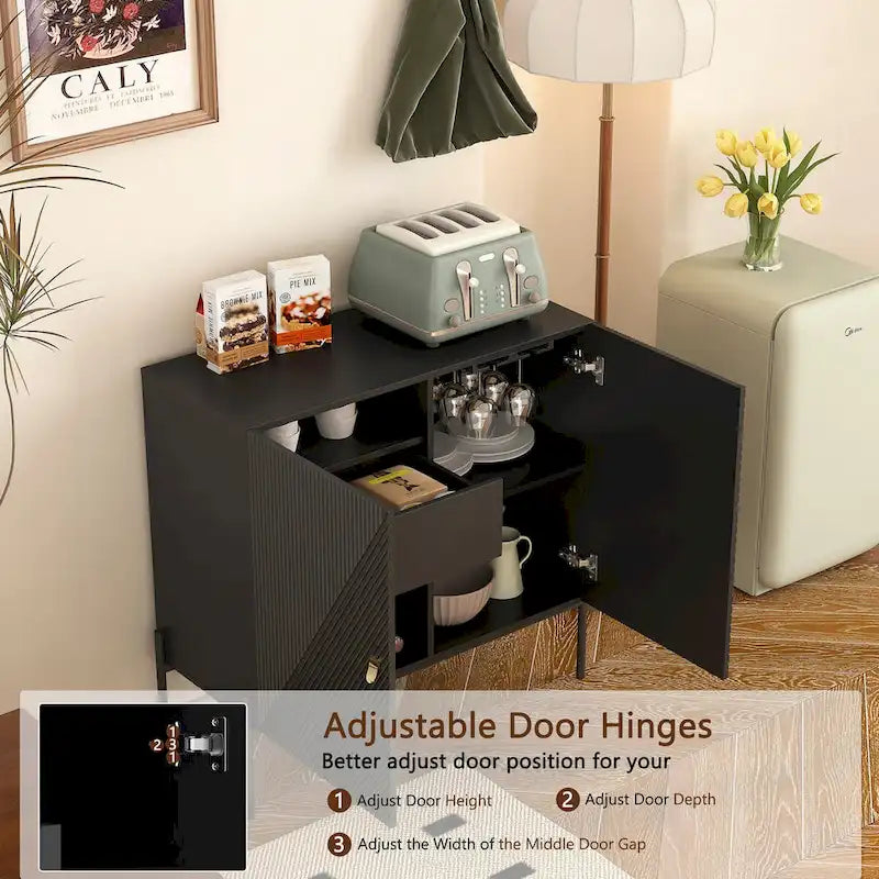 Buffet Sideboard Cabinet with Drawers, Double Door Storage and 6-Bottle Wine Rack – Black