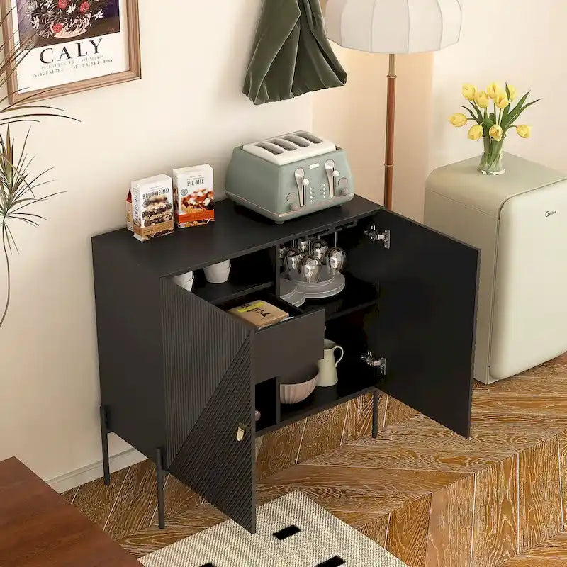 Buffet Sideboard Cabinet with Drawers, Double Door Storage and 6-Bottle Wine Rack – Black