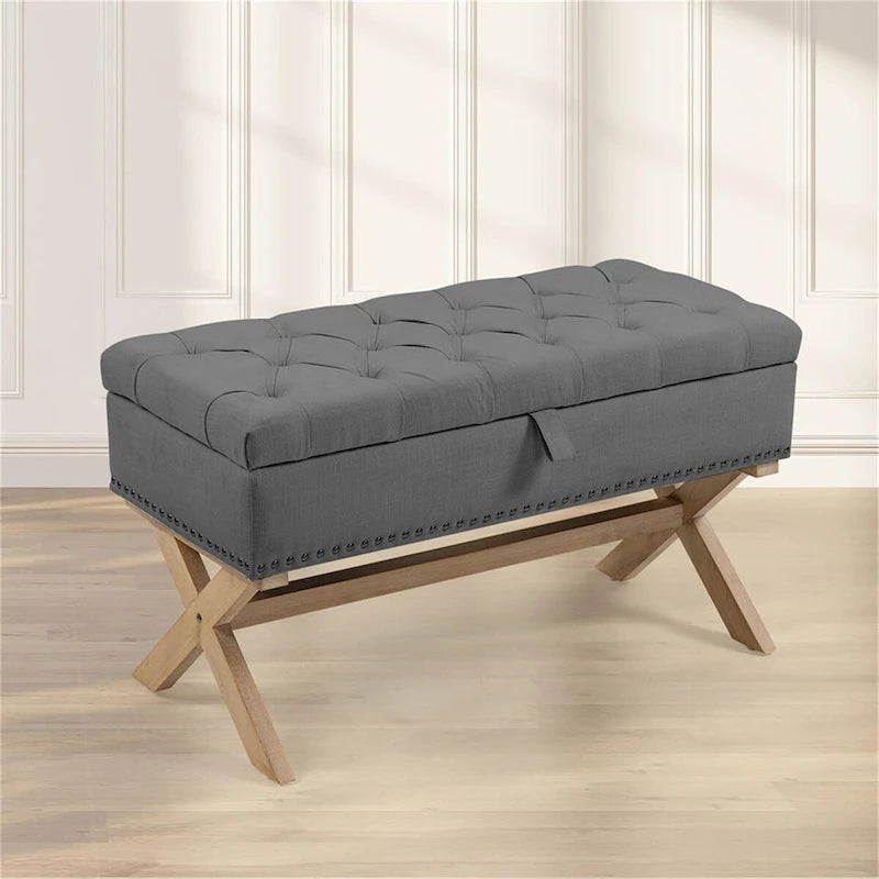Banco otomano de almacenamiento de lino con capitoné de botones y estructura de madera maciza - gris oscuro antiguo