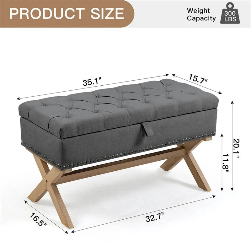 Banco otomano de almacenamiento de lino con capitoné de botones y estructura de madera maciza - gris oscuro antiguo