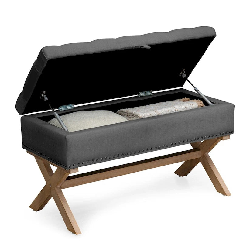 Banco otomano de almacenamiento de lino con capitoné de botones y estructura de madera maciza - gris oscuro antiguo