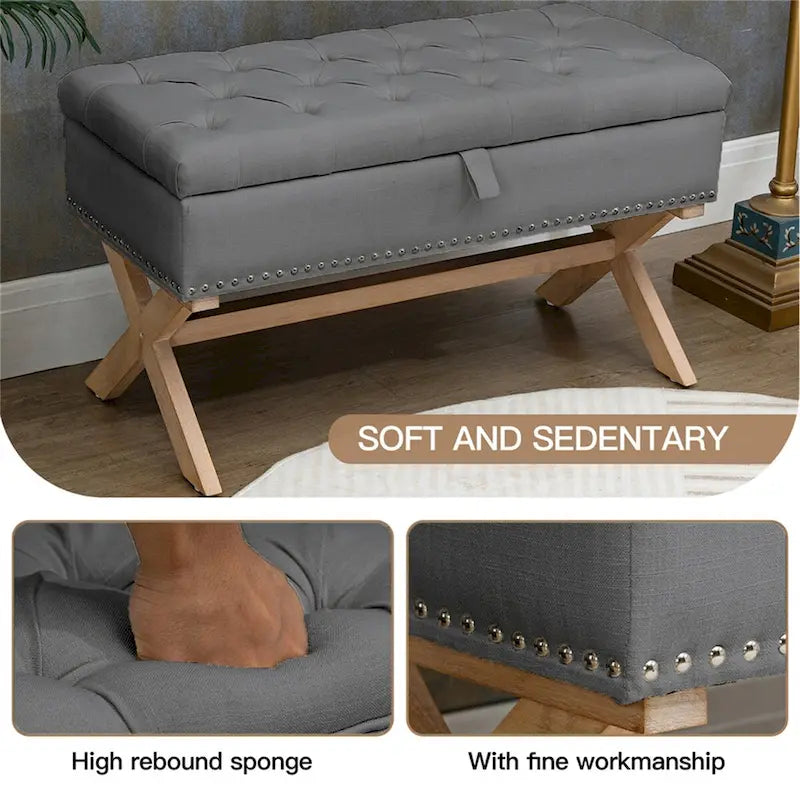 Banco otomano de almacenamiento de lino con capitoné de botones y estructura de madera maciza - gris oscuro antiguo