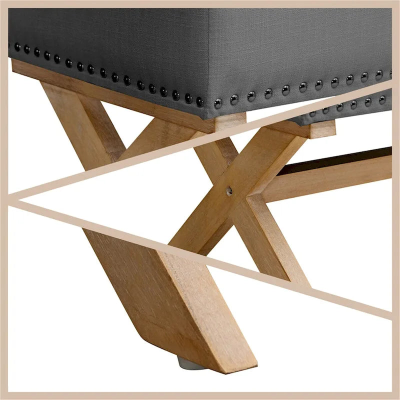 Banco otomano de almacenamiento de lino con capitoné de botones y estructura de madera maciza - gris oscuro antiguo