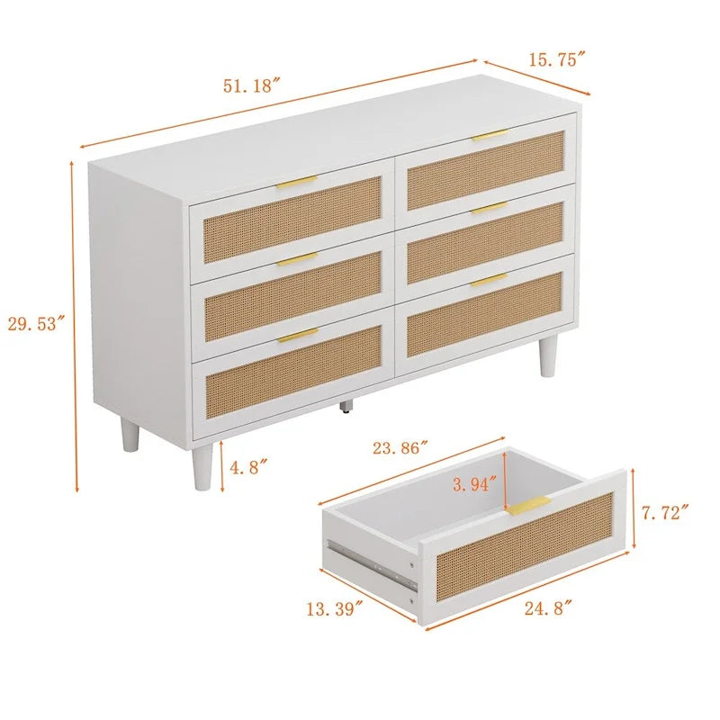 6-Drawer Rattan Storage Dresser – White Natural Woven Cabinet